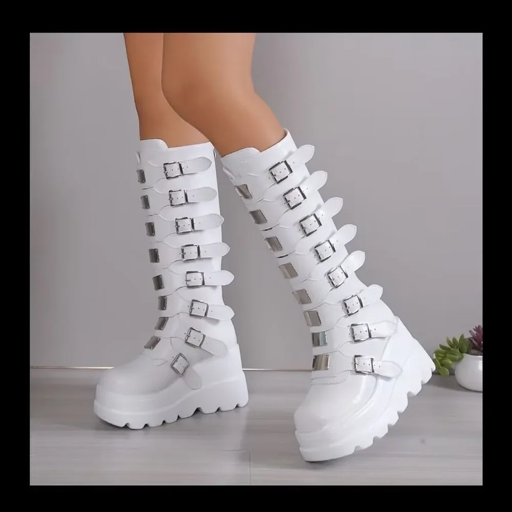 MISSLOOK White Over the Knee Buckle Boots